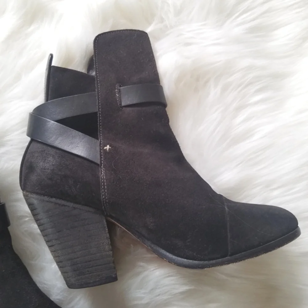 Rag & Bone Harrow Black Suede Leather Ankle Boots Chunky Stacked Heel sz38